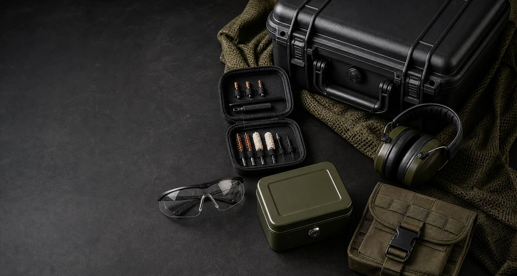 Acessórios para armas como maleta, kit de limpeza, óculos, protetor auricular e pouch tático